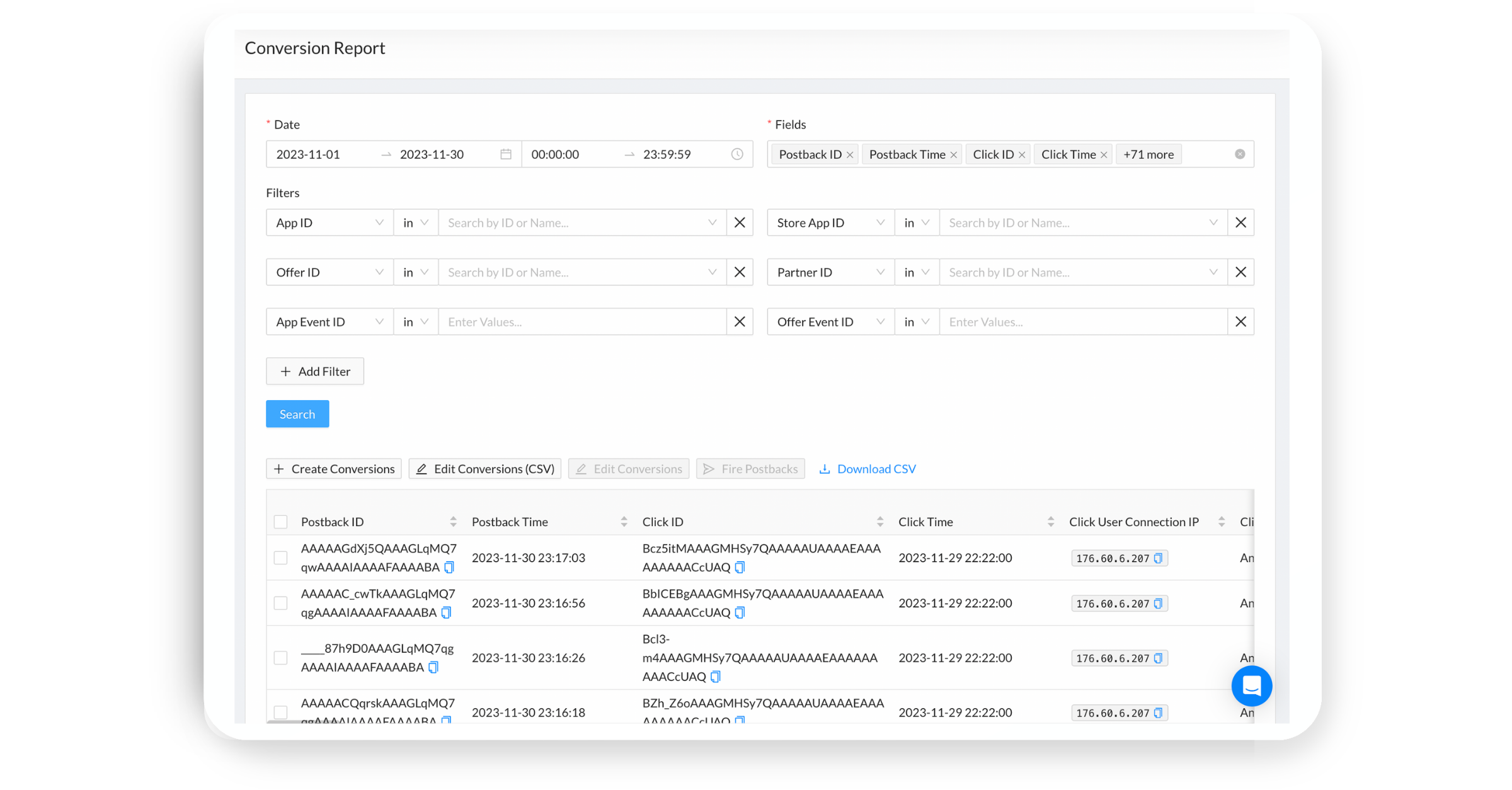 Swaarm MMP/Mobile attribution platform - Conversion report 