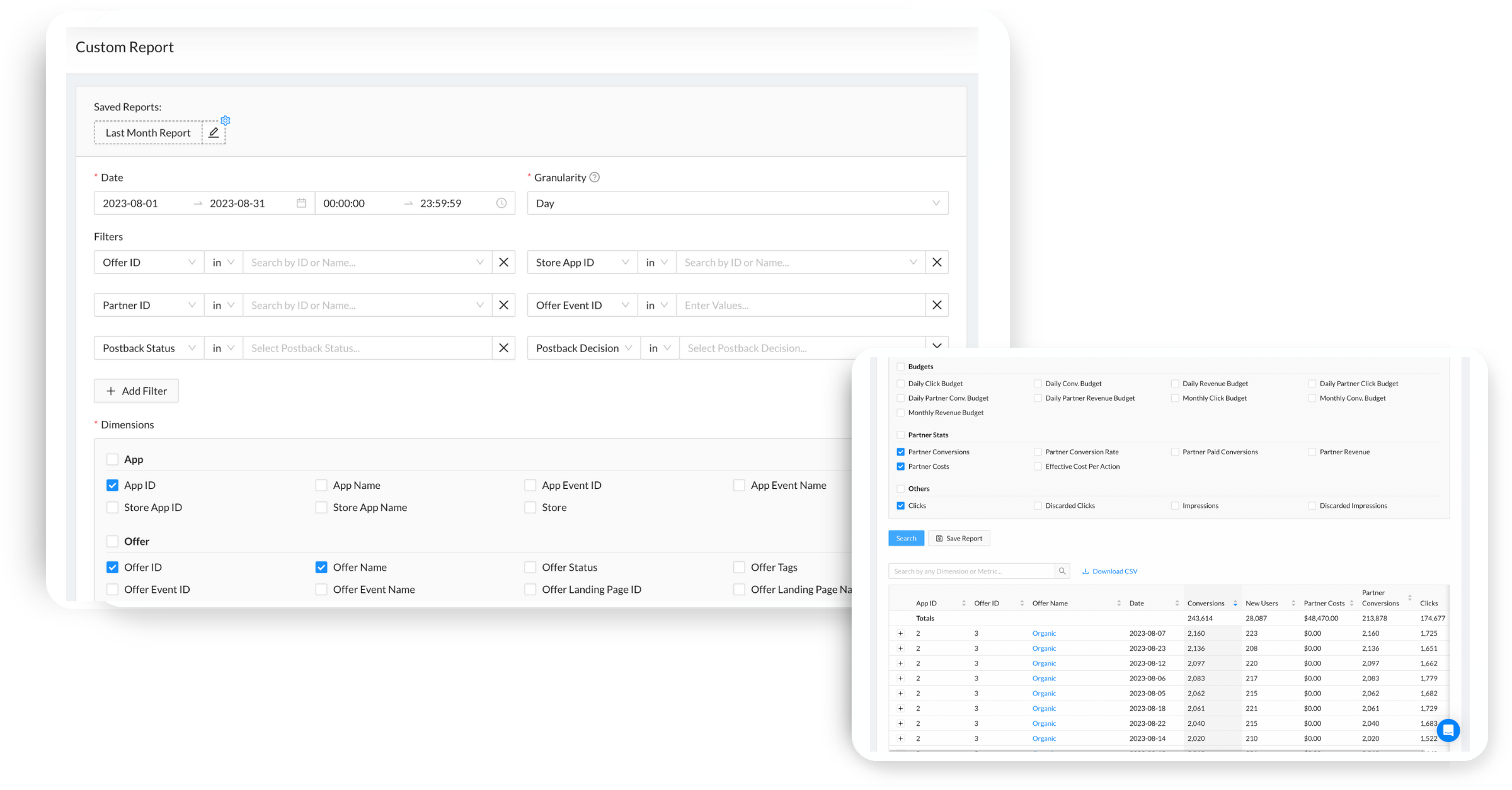 Swaarm MMP/Mobile attribution platform - Custom report